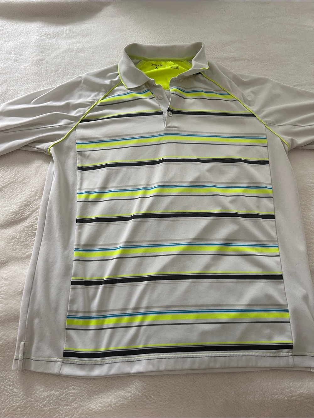 Antigua White Polo with Neon Yellow and Black Stripes